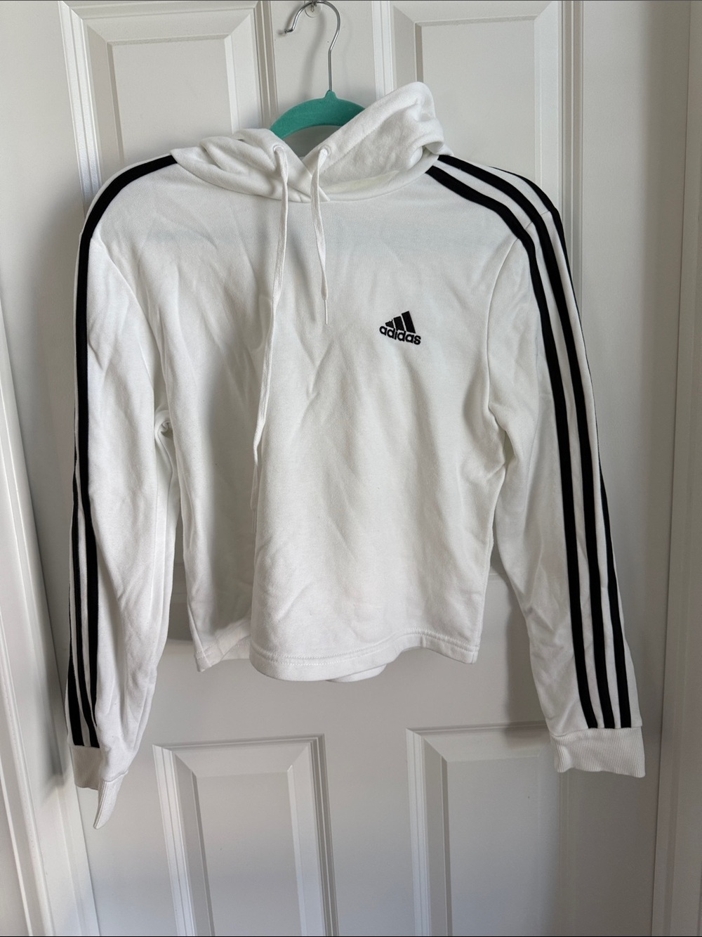 adidas cropped White Hoodie with Black 3-Stripe Sleeves